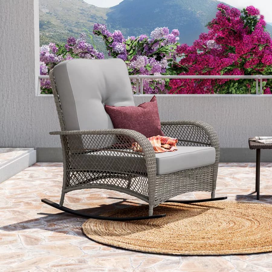 Sedia a dondolo in polyrattan grigio con cuscino grigio - Irmas