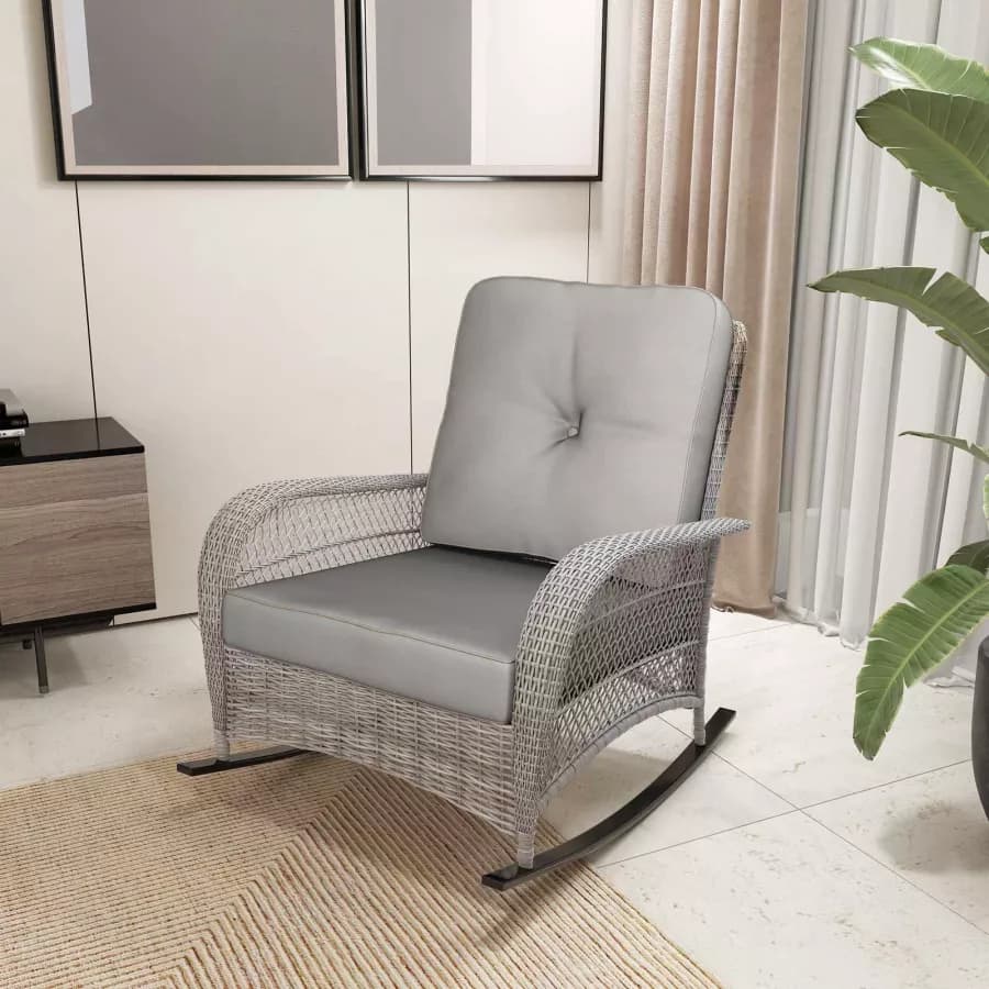 Sedia a dondolo in polyrattan grigio con cuscino grigio - Irmas