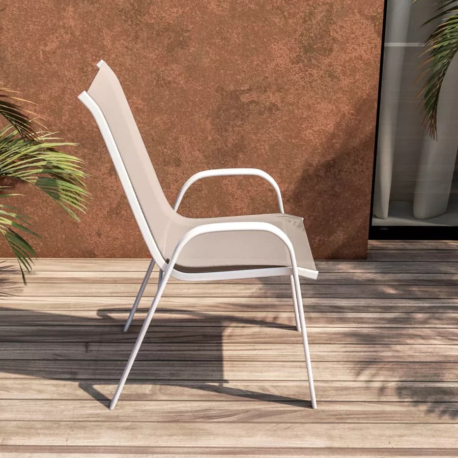 Sedia con braccioli impilabile in acciaio bianco e textilene beige - Ninfa