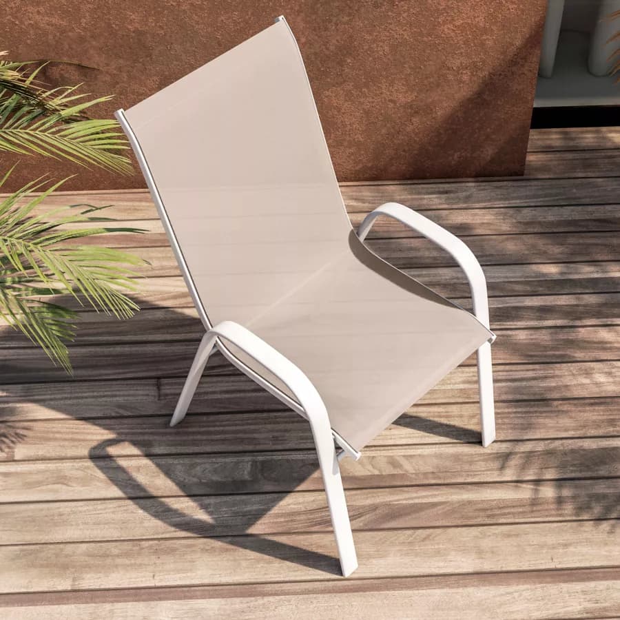 Sedia con braccioli impilabile in acciaio bianco e textilene beige - Ninfa