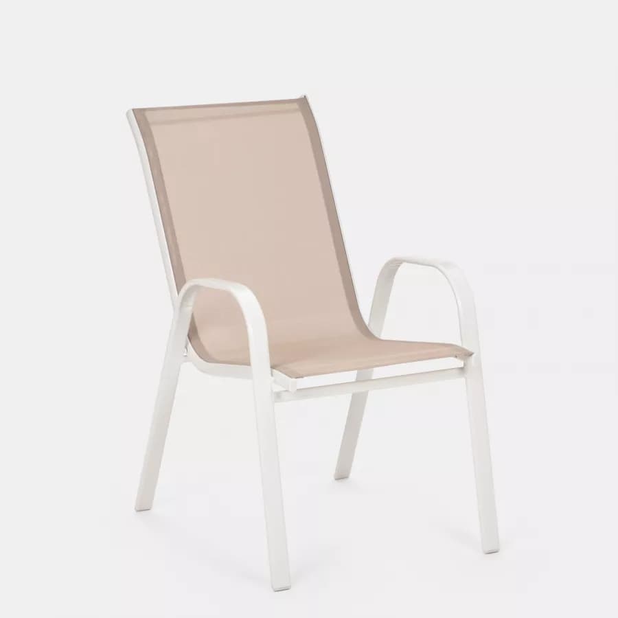 Sedia con braccioli impilabile in acciaio bianco e textilene beige - Ninfa