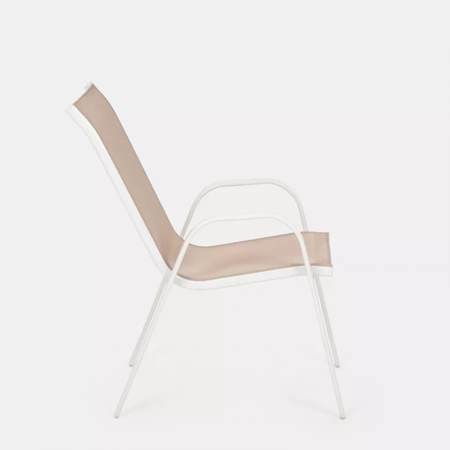 Sedia con braccioli impilabile in acciaio bianco e textilene beige - Ninfa