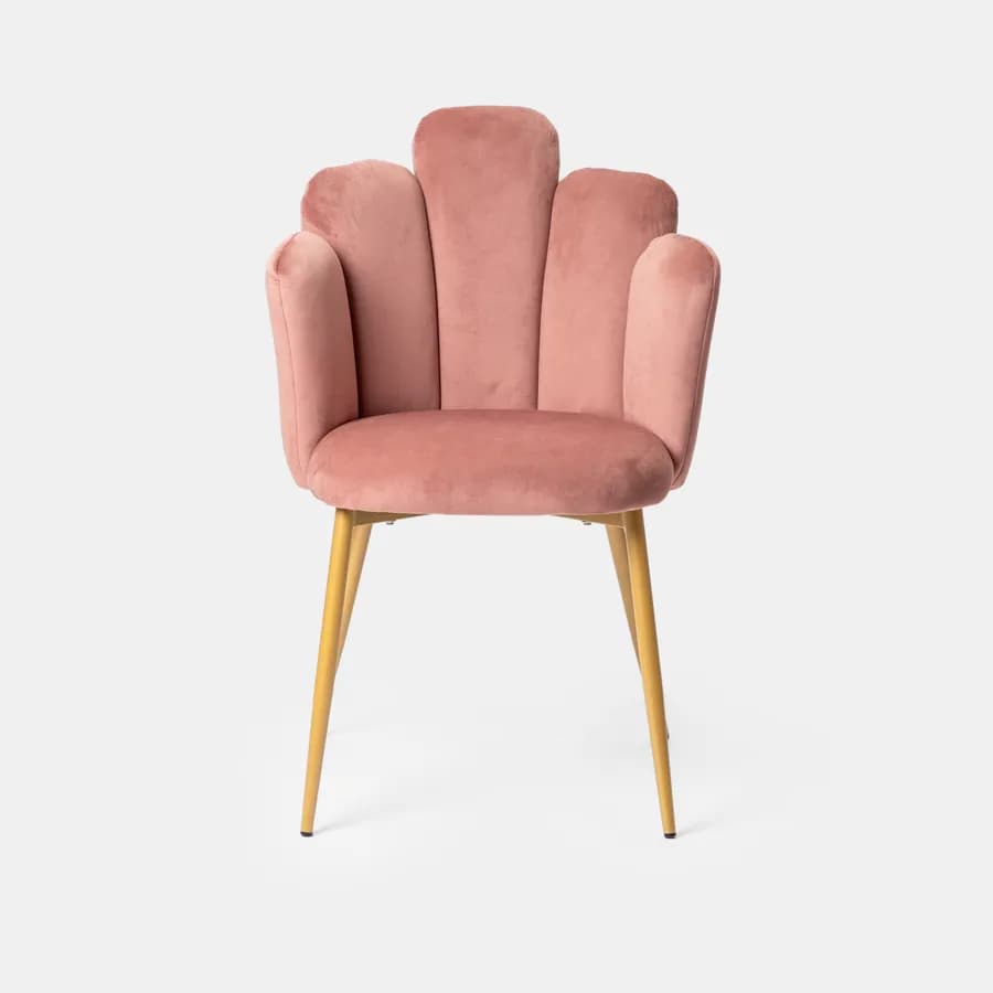 Sedia in velluto rosa antico con schienale a conchiglia e gambe in metallo finitura oro - Pedersen