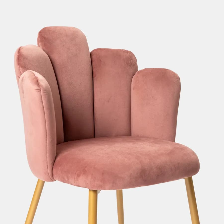 Sedia in velluto rosa antico con schienale a conchiglia e gambe in metallo finitura oro - Pedersen