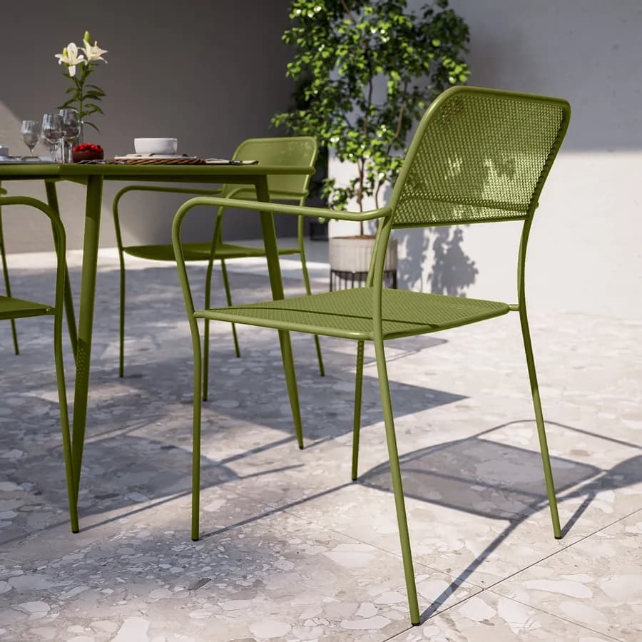 Sedia da esterno con braccioli impilabile in acciaio verde oliva - Faber