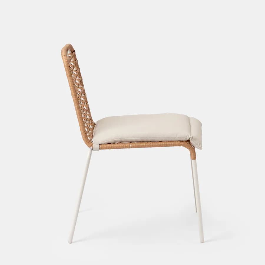 Sedia da esterno impilabile in acciaio bianco e polyrattan naturale con cuscino - Griel