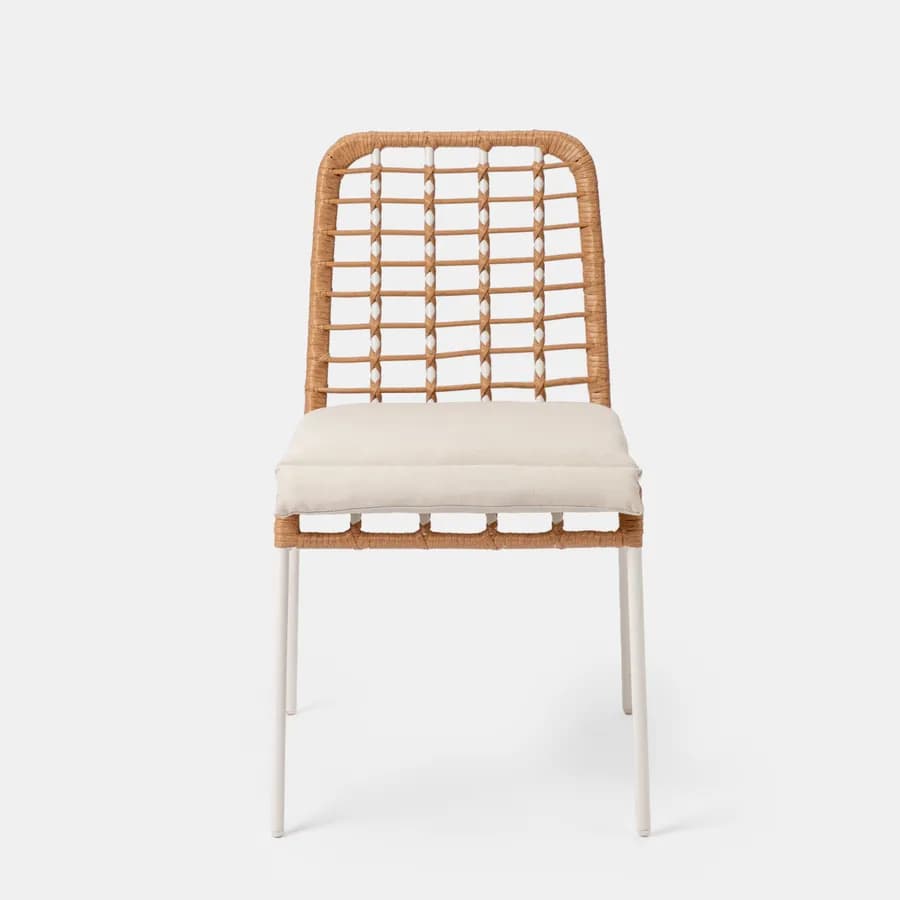 Sedia da esterno impilabile in acciaio bianco e polyrattan naturale con cuscino - Griel