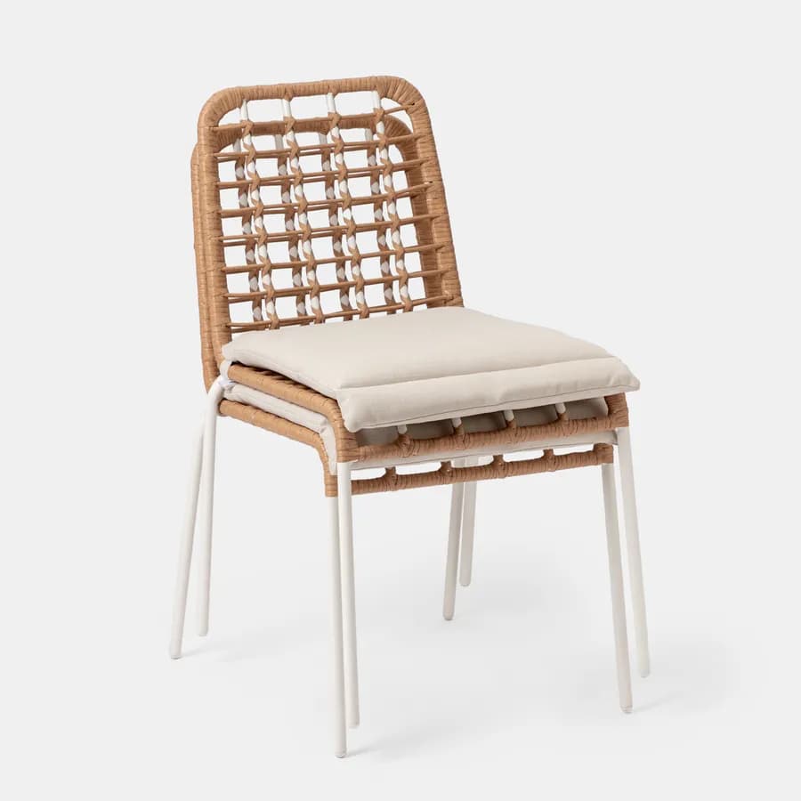 Sedia da esterno impilabile in acciaio bianco e polyrattan naturale con cuscino - Griel