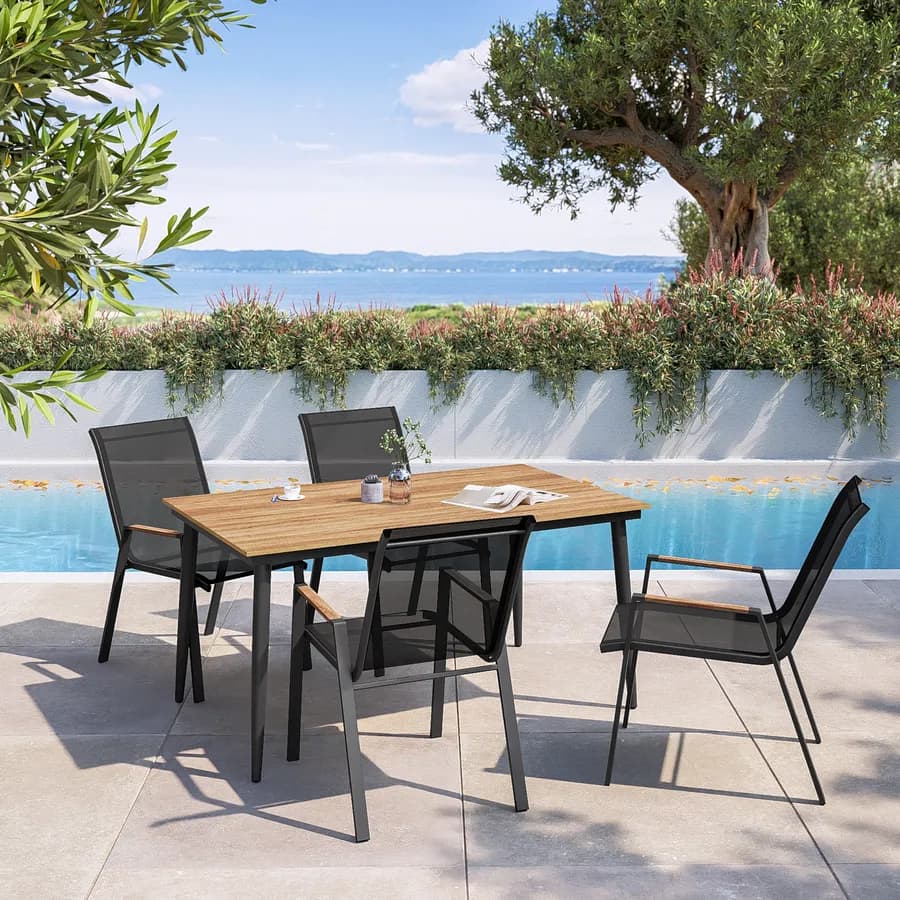 Sedia da giardino impilabile con braccioli effetto legno in acciaio antracite e textilene grigio scuro - Zasyl