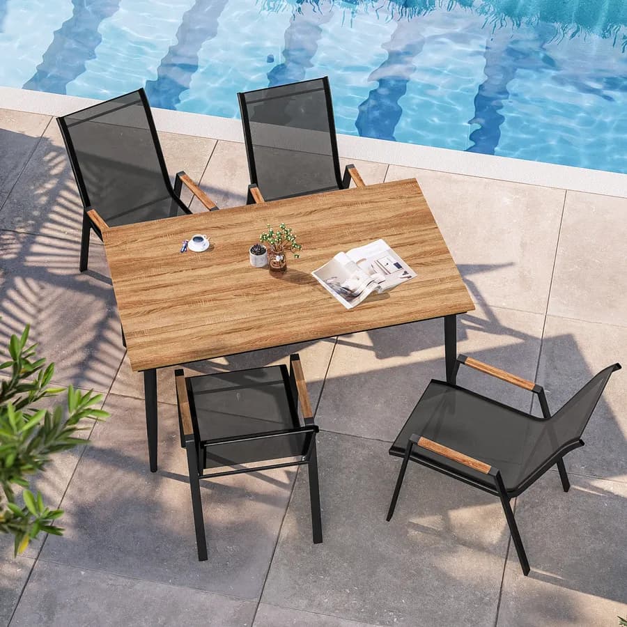 Sedia da giardino impilabile con braccioli effetto legno in acciaio antracite e textilene grigio scuro - Zasyl