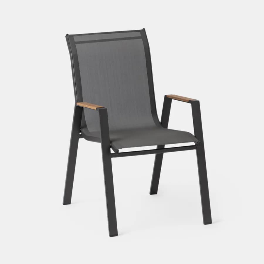 Sedia da giardino impilabile con braccioli effetto legno in acciaio antracite e textilene grigio scuro - Zasyl