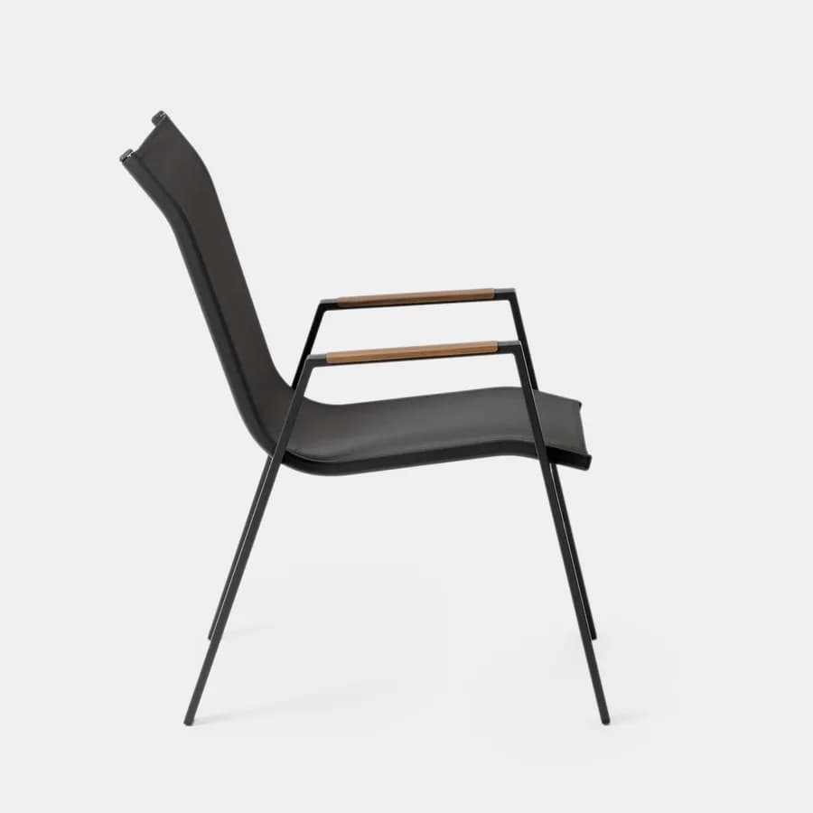 Sedia da giardino impilabile con braccioli effetto legno in acciaio antracite e textilene grigio scuro - Zasyl