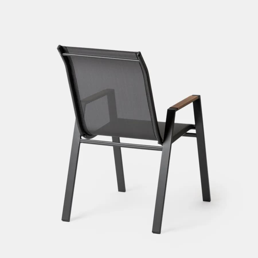 Sedia da giardino impilabile con braccioli effetto legno in acciaio antracite e textilene grigio scuro - Zasyl