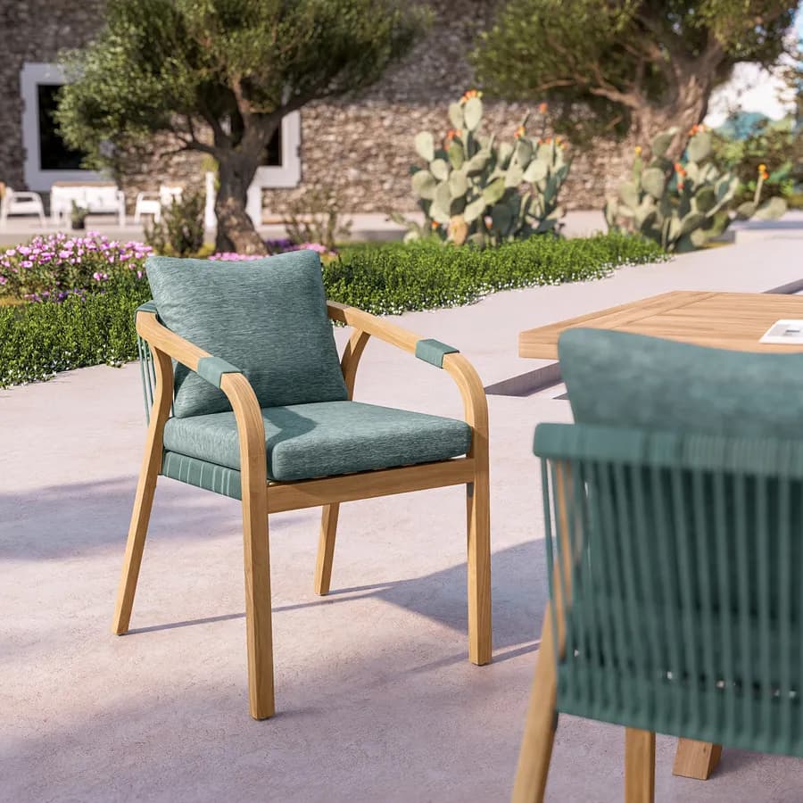 Sedia da giardino in legno di acacia con cuscini e corda verde oliva - Sorah