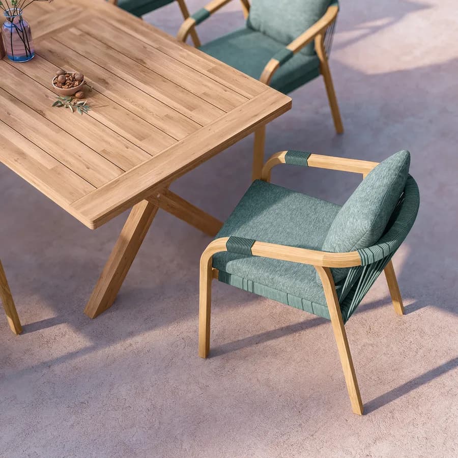 Sedia da giardino in legno di acacia con cuscini e corda verde oliva - Sorah