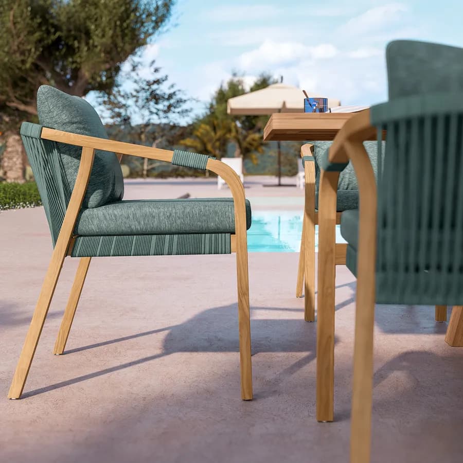 Sedia da giardino in legno di acacia con cuscini e corda verde oliva - Sorah