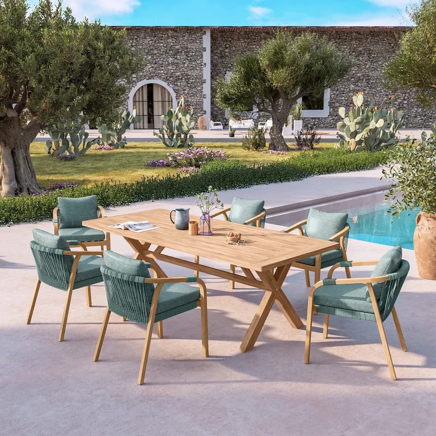 Sedia da giardino in legno di acacia con cuscini e corda verde oliva - Sorah