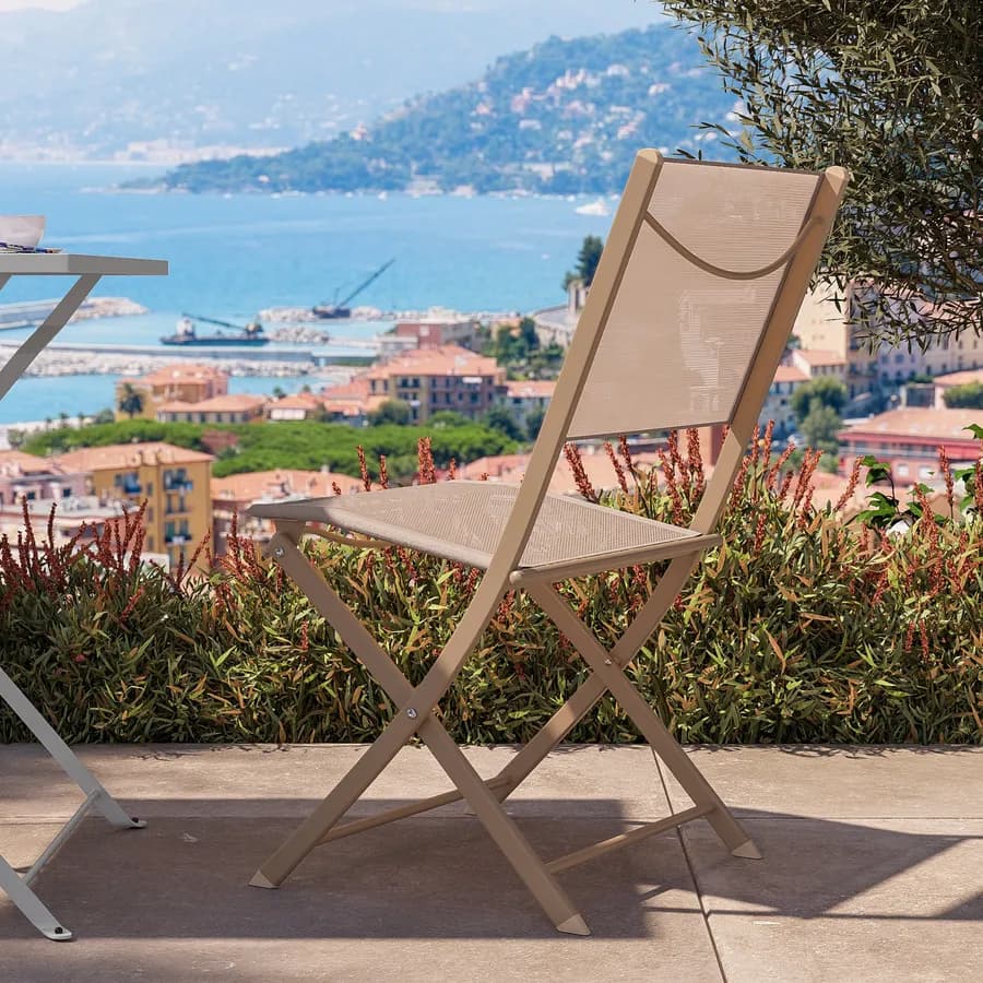 Sedia da giardino pieghevole in acciaio beige e textilene tortora - Iuba