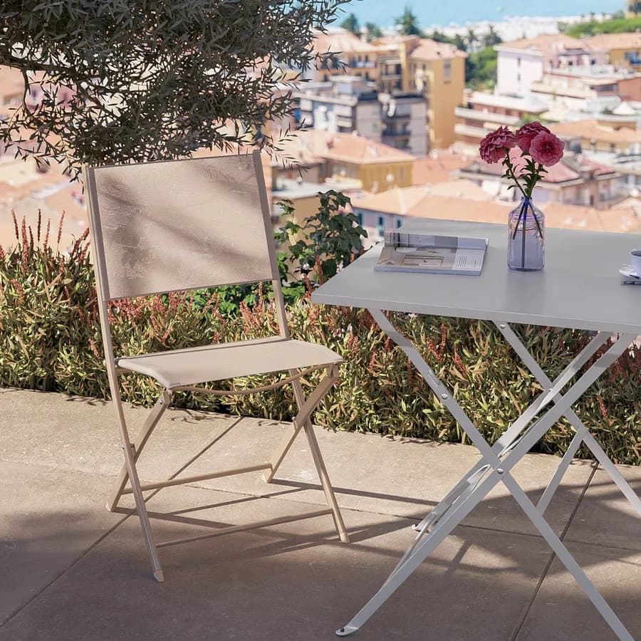 Sedia da giardino pieghevole in acciaio beige e textilene tortora - Iuba
