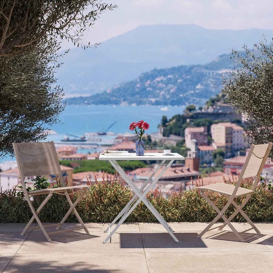 Sedia da giardino pieghevole in acciaio beige e textilene tortora - Iuba