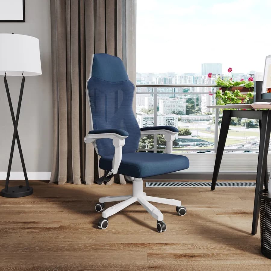 Sedia da ufficio girevole in tessuto mesh blu con schienale traspirante e poggiatesta - Feliz