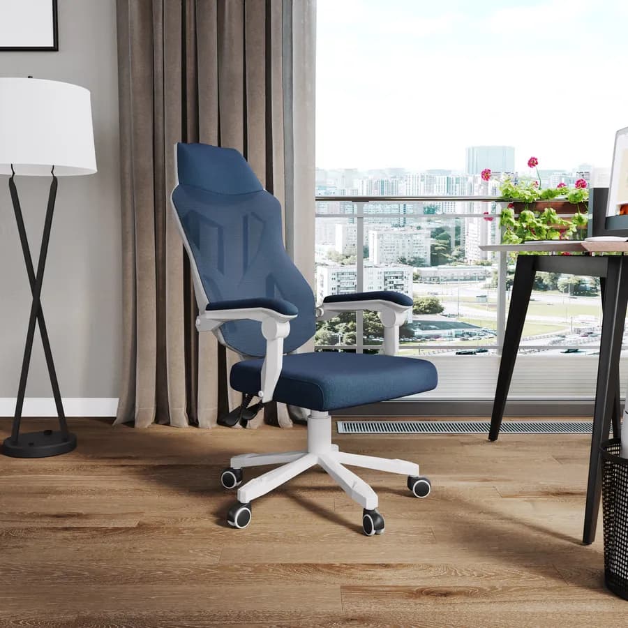 Sedia da ufficio girevole in tessuto mesh blu con schienale traspirante e poggiatesta - Feliz