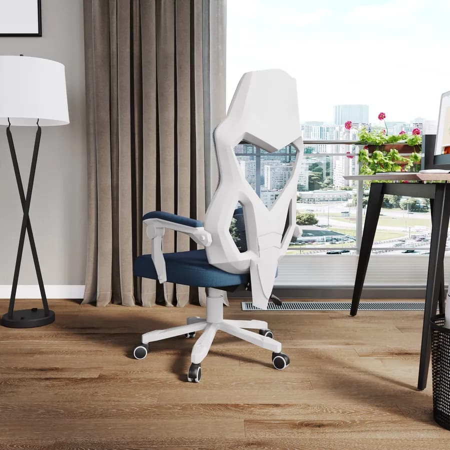 Sedia da ufficio girevole in tessuto mesh blu con schienale traspirante e poggiatesta - Feliz