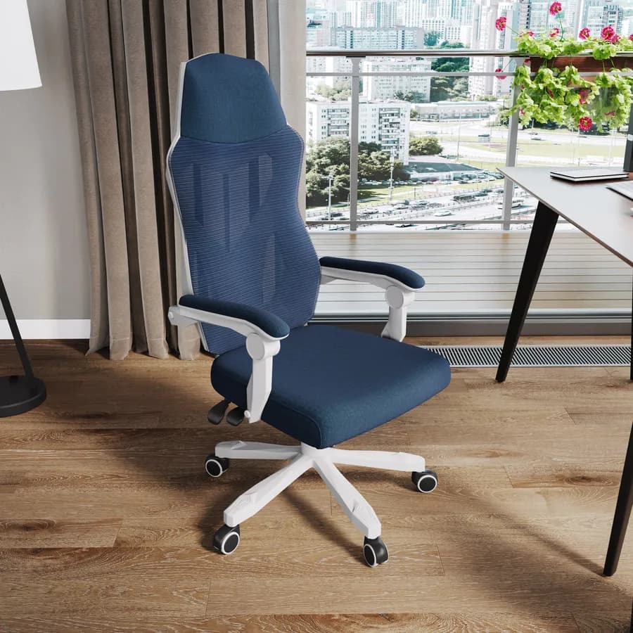 Sedia da ufficio girevole in tessuto mesh blu con schienale traspirante e poggiatesta - Feliz