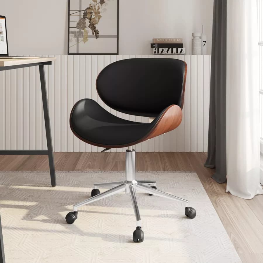 Sedia da ufficio in similpelle nera con rivestimento in legno e base cromata - Dabu