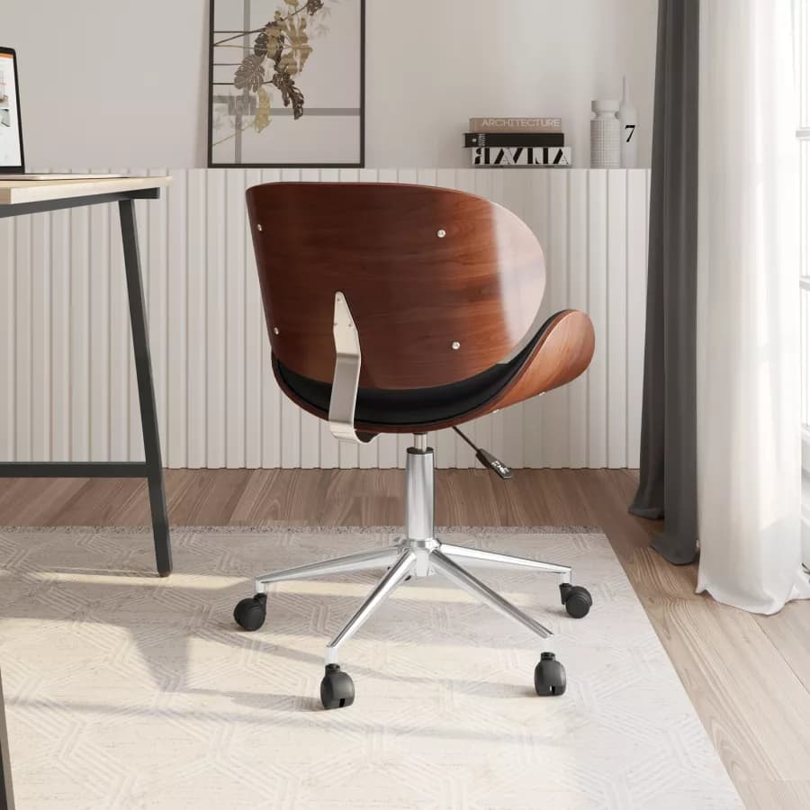 Sedia da ufficio in similpelle nera con rivestimento in legno e base cromata - Dabu