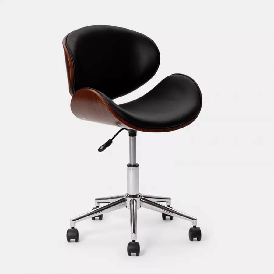 Sedia da ufficio in similpelle nera con rivestimento in legno e base cromata - Dabu