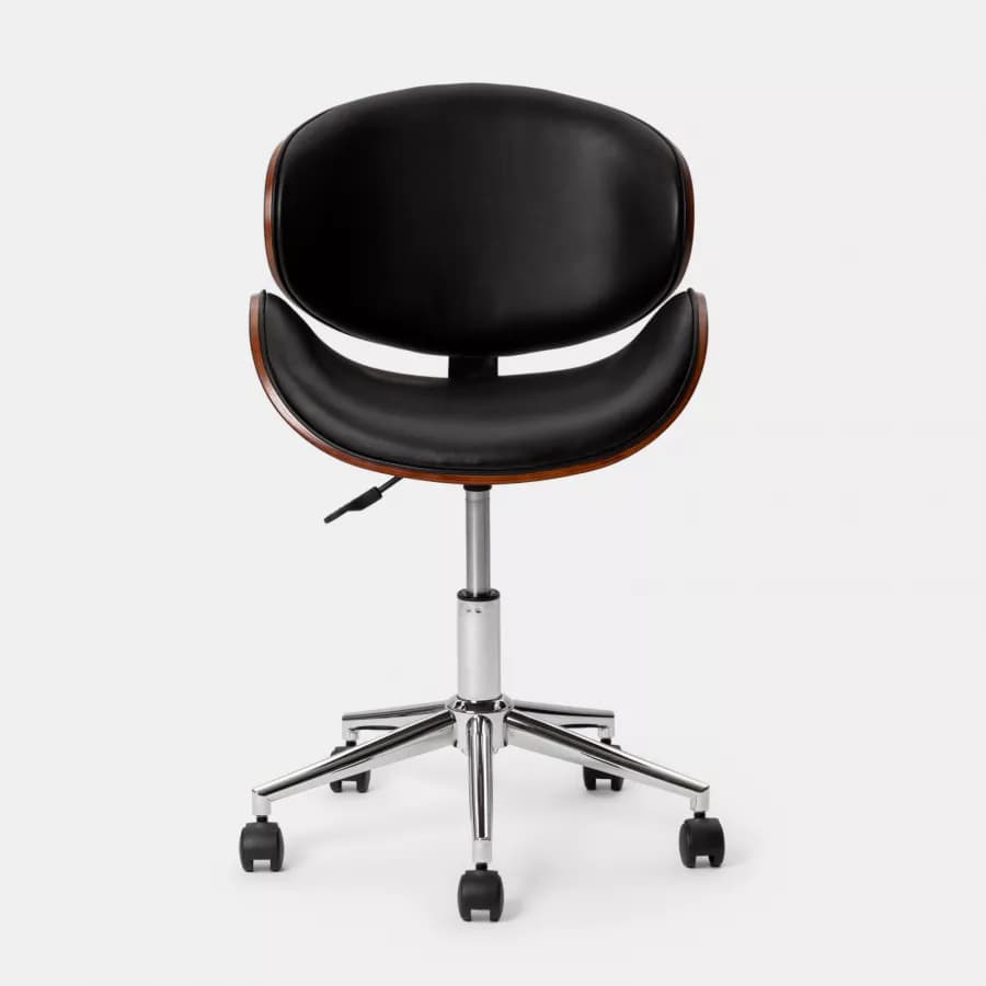 Sedia da ufficio in similpelle nera con rivestimento in legno e base cromata - Dabu
