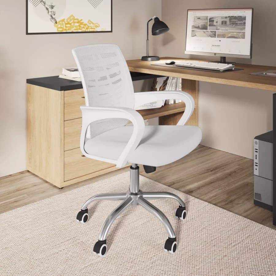 Sedia da ufficio girevole in tessuto mesh bianco e schienale traspirante con base cromata - Storex