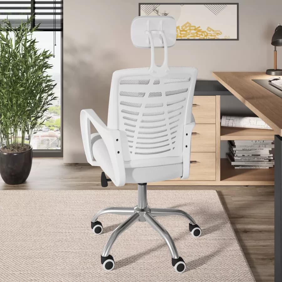Sedia da ufficio girevole in tessuto mesh bianco con schienale traspirante e poggiatesta - Triad