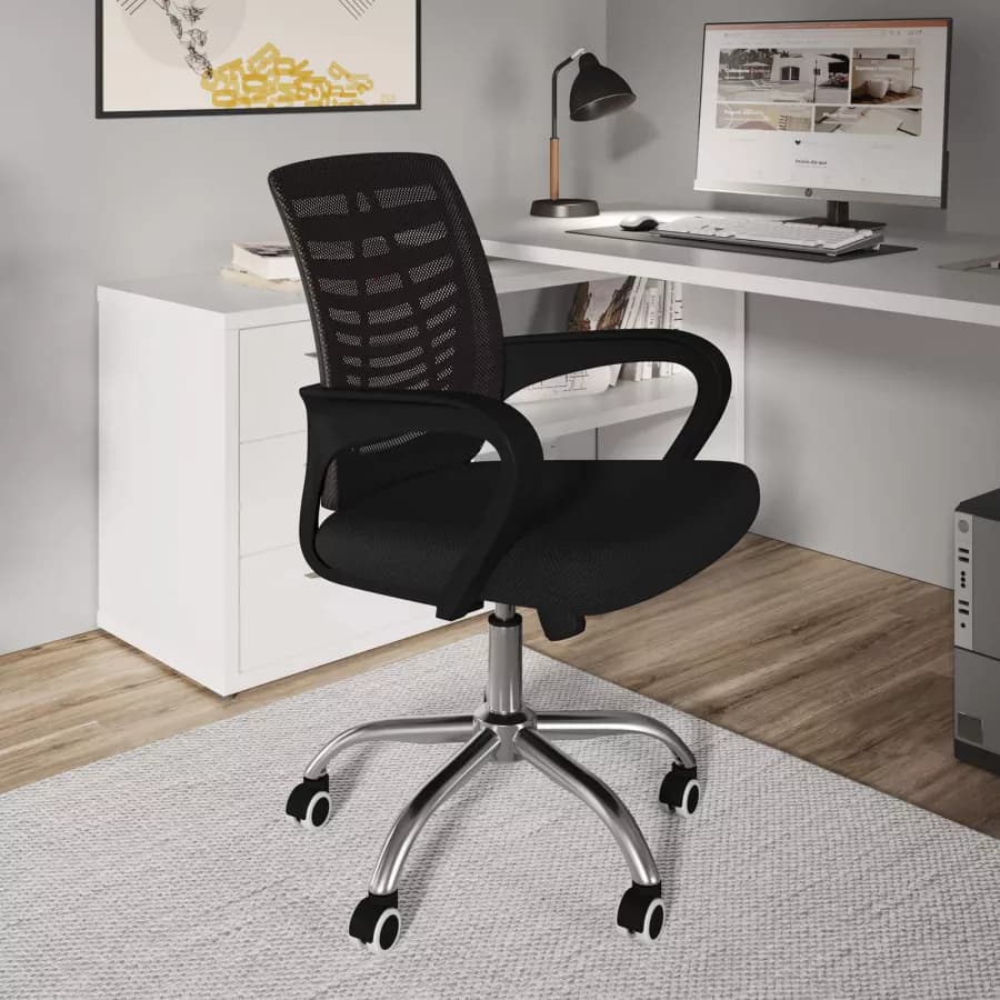 Sedia da ufficio girevole in tessuto mesh nero e schienale traspirante con base cromata - Storex