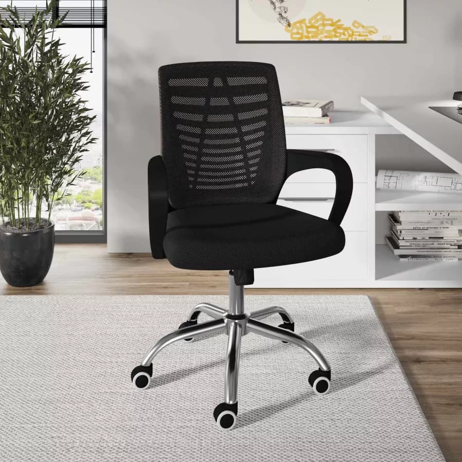Sedia da ufficio girevole in tessuto mesh nero e schienale traspirante con base cromata - Storex