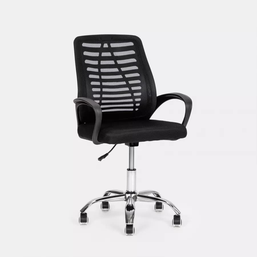 Sedia da ufficio girevole in tessuto mesh nero e schienale traspirante con base cromata - Storex