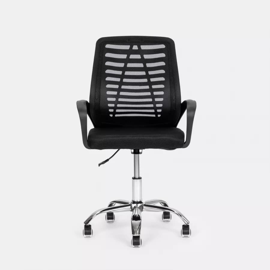 Sedia da ufficio girevole in tessuto mesh nero e schienale traspirante con base cromata - Storex