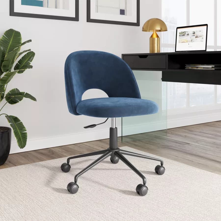 Sedia da ufficio girevole in velluto blu scuro con base in metallo nero - Kimmy Roller
