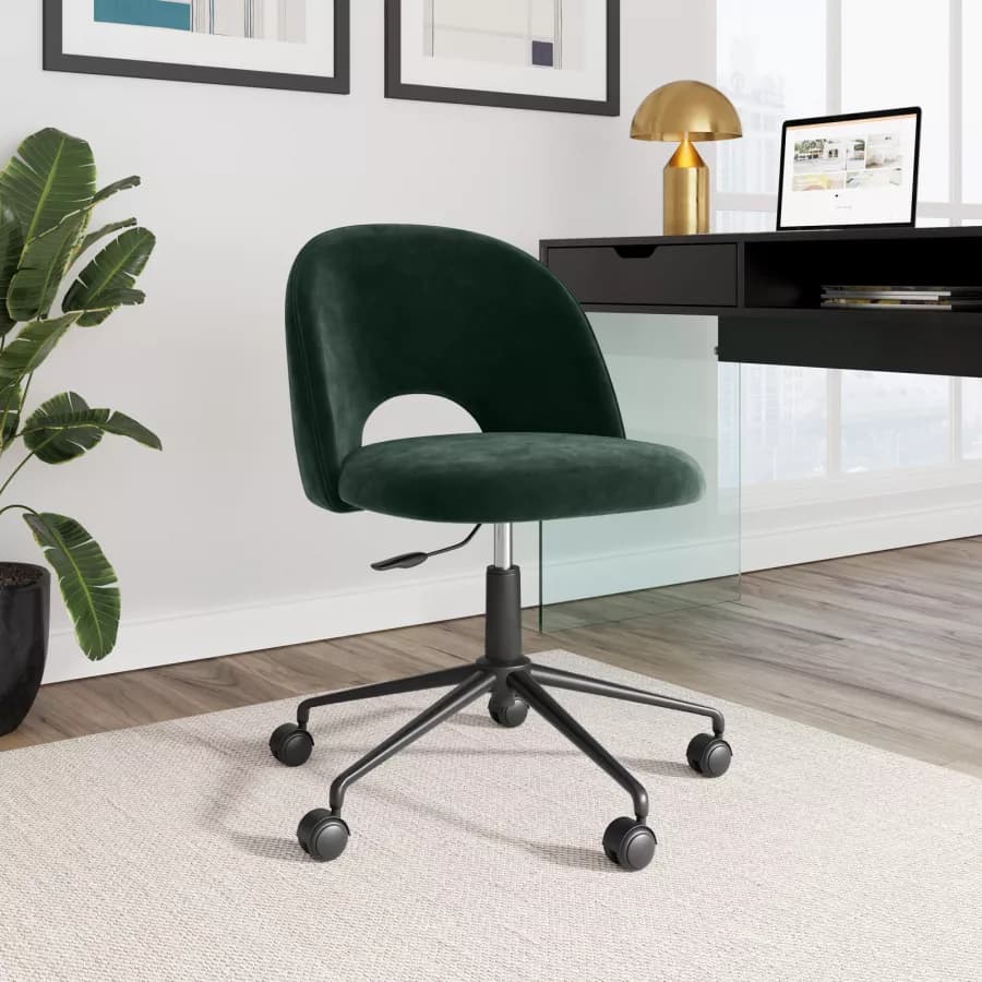 Sedia da ufficio girevole in velluto verde scuro con base in metallo nero - Kimmy Roller