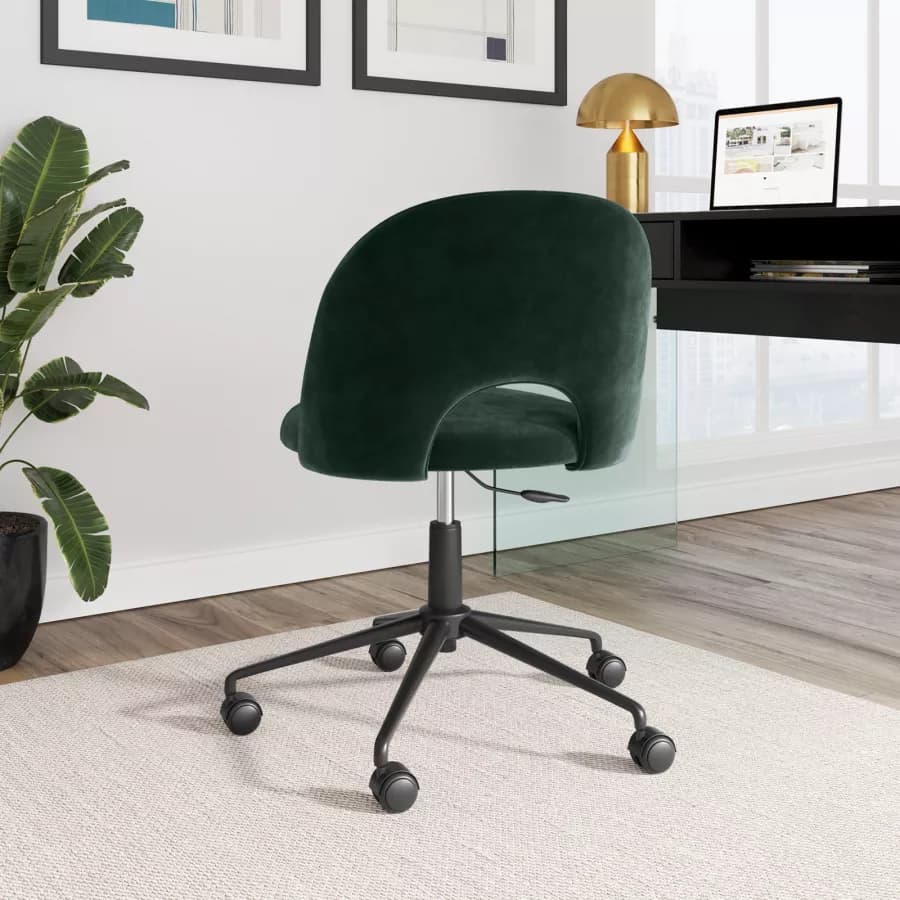 Sedia da ufficio girevole in velluto verde scuro con base in metallo nero - Kimmy Roller