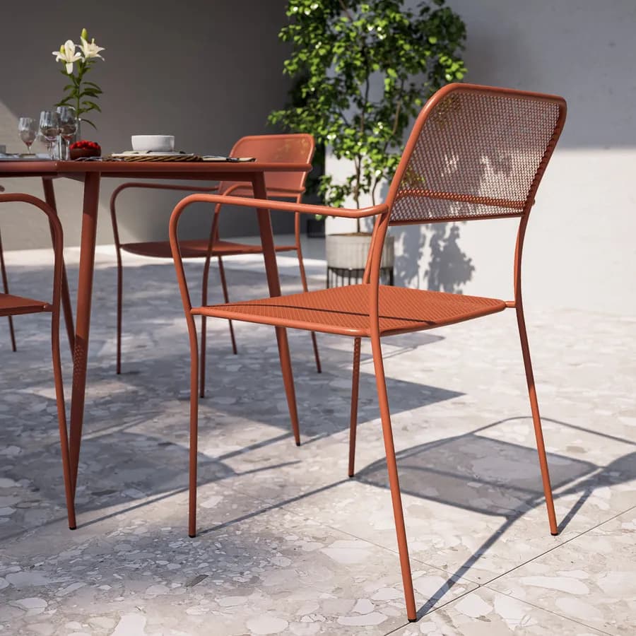 Sedia da esterno con braccioli impilabile in acciaio terracotta - Faber