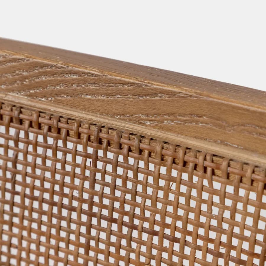Sedia in legno di olmo scuro con schienale in rattan e cuscino in tessuto beige - Bodin