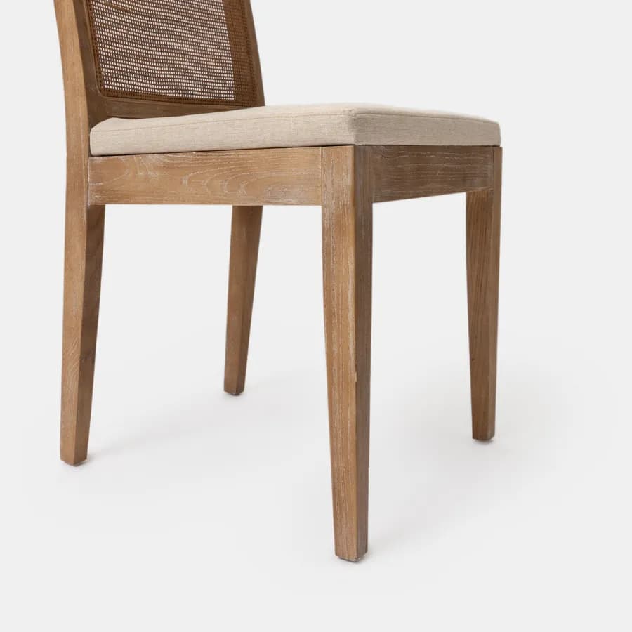 Sedia in legno di olmo scuro con schienale in rattan e cuscino in tessuto beige - Bodin