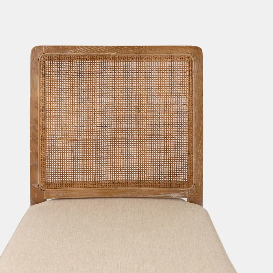 Sedia in legno di olmo scuro con schienale in rattan e cuscino in tessuto beige - Bodin