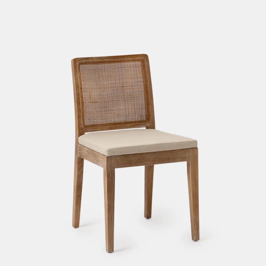 Sedia in legno di olmo scuro con schienale in rattan e cuscino in tessuto beige - Bodin