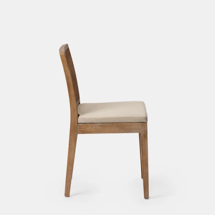Sedia in legno di olmo scuro con schienale in rattan e cuscino in tessuto beige - Bodin