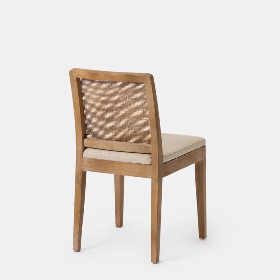 Sedia in legno di olmo scuro con schienale in rattan e cuscino in tessuto beige - Bodin