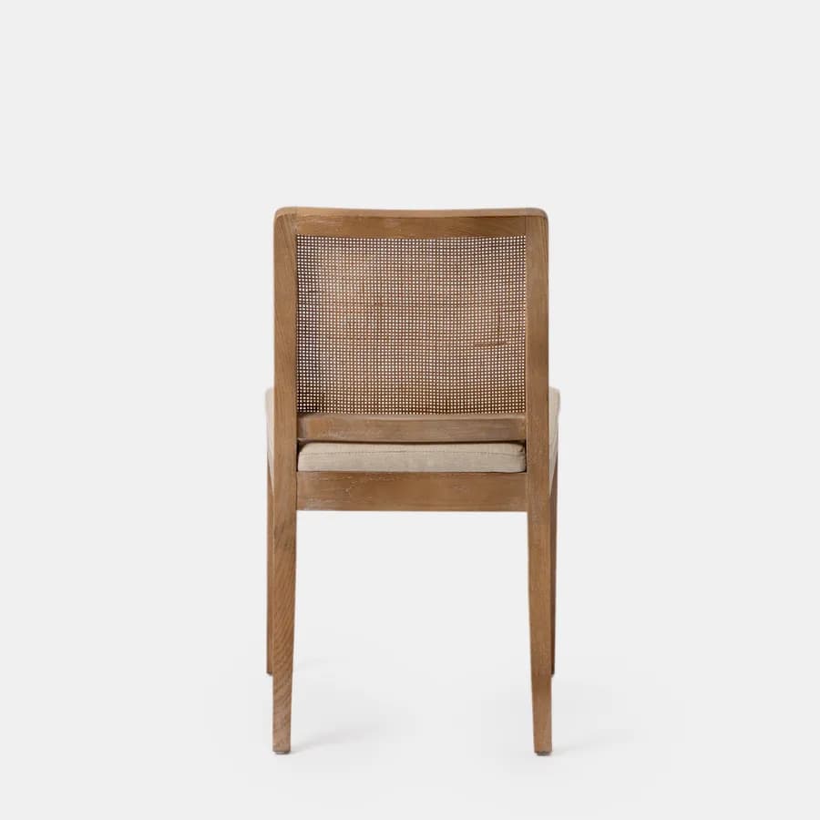 Sedia in legno di olmo scuro con schienale in rattan e cuscino in tessuto beige - Bodin