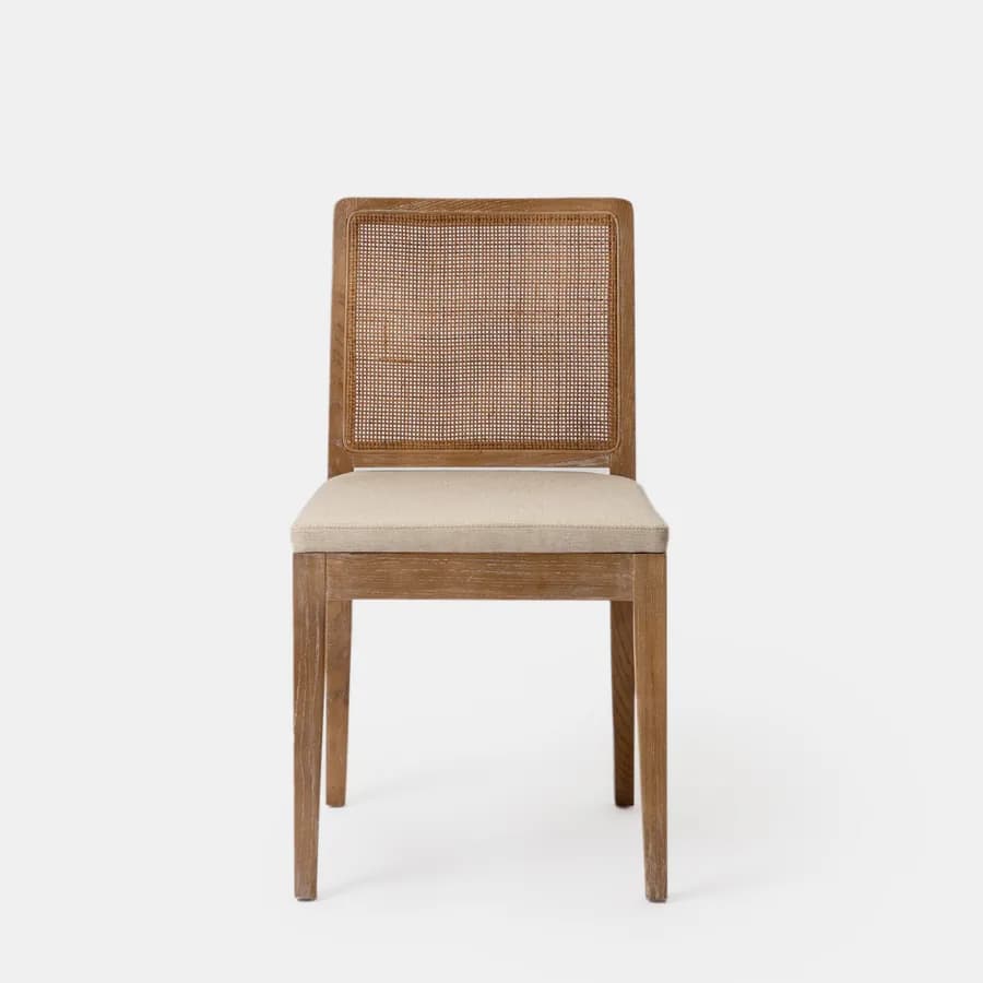 Sedia in legno di olmo scuro con schienale in rattan e cuscino in tessuto beige - Bodin